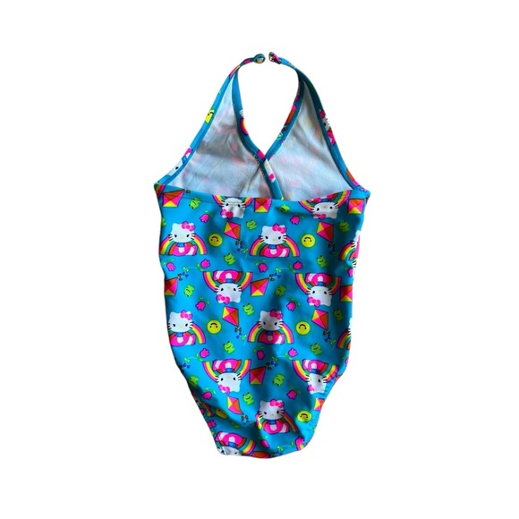 Blue & Pink Ruffled Hello Kitty Rainbow Frog Print Kids One-Piece Bathing Suit - Picture 2 of 3